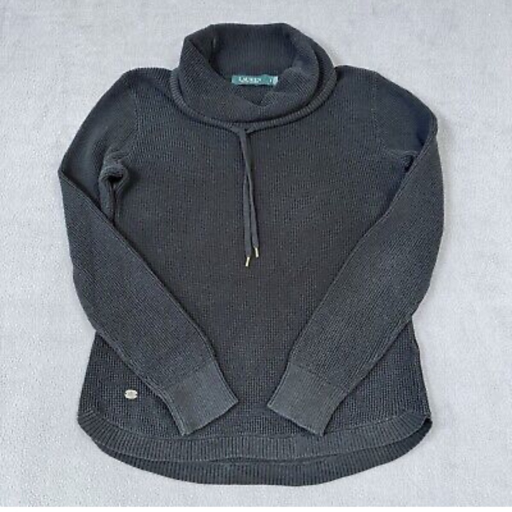 Lauren Ralph Lauren Cowl High Neck Waffle Knit Sweater Medium Grey‎ Cotton